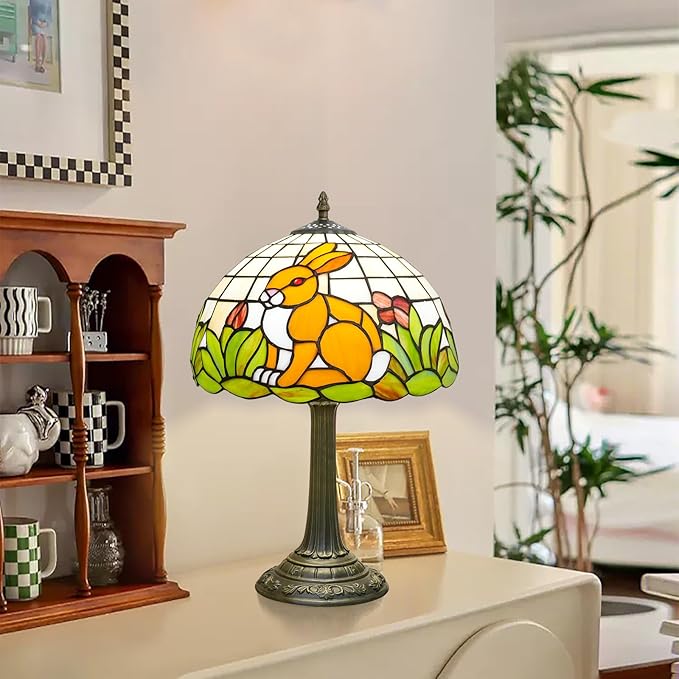 Tiffany Style Lamp with Cat Rabbit Stained Glass Lamp 12 Inch Retro Bronze Base Bedside Lamp Bedroom Living Room, Cafe,Restaurant Art Nouveau Style Decorative Child Interest Ambient Light