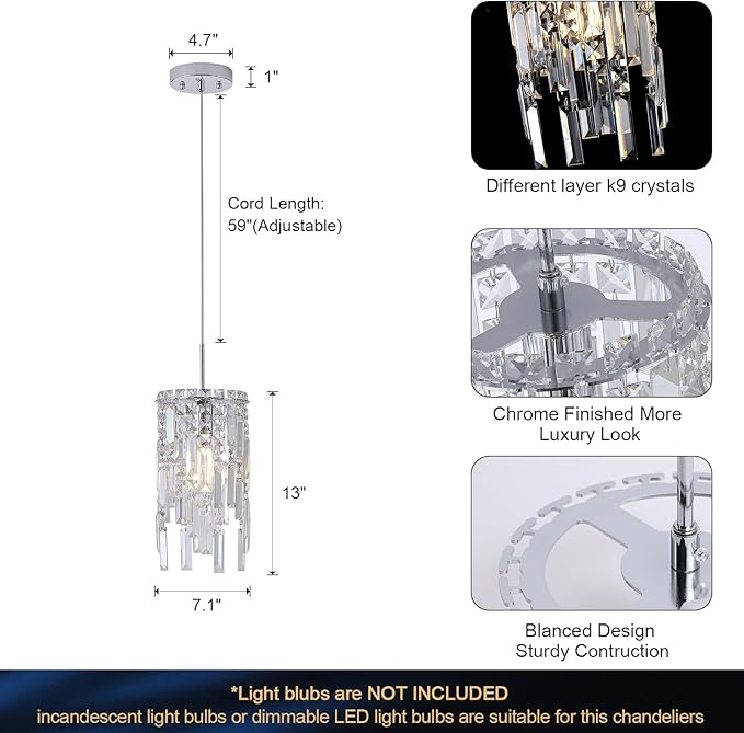 A AXILIXI Chrome Crystal Chandelier 7'' Small Kitchen Island Crystal Pendant Light Fixture Raindrop Flush Mount Hanging Chandelier for K9 Crystal Lights Fixture for Bedroom Kitchen Sink Dining Room