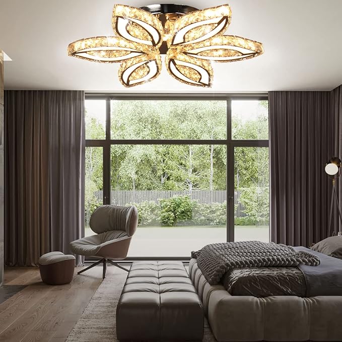 CLAIRDAI 20" Dimmable Modern Crystal Chandelier Flower Led Ceiling Light K9 Crystal Pendant Light Chandelier Led Acrylic Crystal Ceiling Light for Bedroom Living Room Dining Room