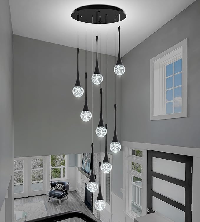 Modern Black Crystal Chandelier for High Ceiling 9-Lights, 99 Inches Luxury Spiral Dimmable LED Bubble Raindrop Pendant Lighting Fixture for Staircase Foyer Entryway Living Room