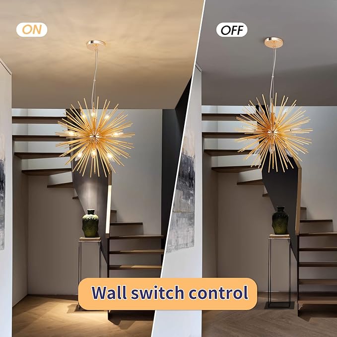 CM MZY Modern Gold Sputnik Chandeliers, 9-Light Satellite Pendant Light fixtures, Starburst Firework Ceiling Lights for Bedroom Living Room Dining Room Kitchen Island Hallway, E12 Socket(Dia:19.7'')