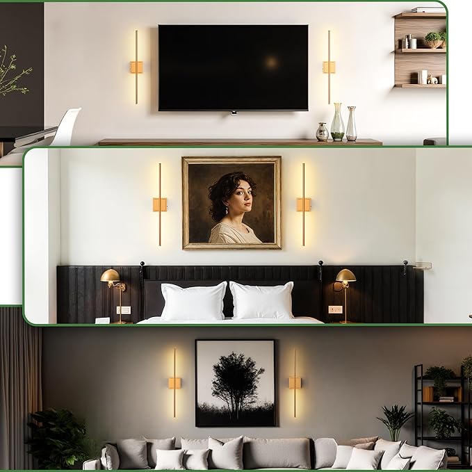 DORESshop Battery Operated Wall Sconces Set of 2, Dimmable Battery Wall Sconce with Remote Control, Brass 350°Rotate Rechargeable Sconces, 28.1 Inch Wireless Wall Lights for Bedroom, Living Room