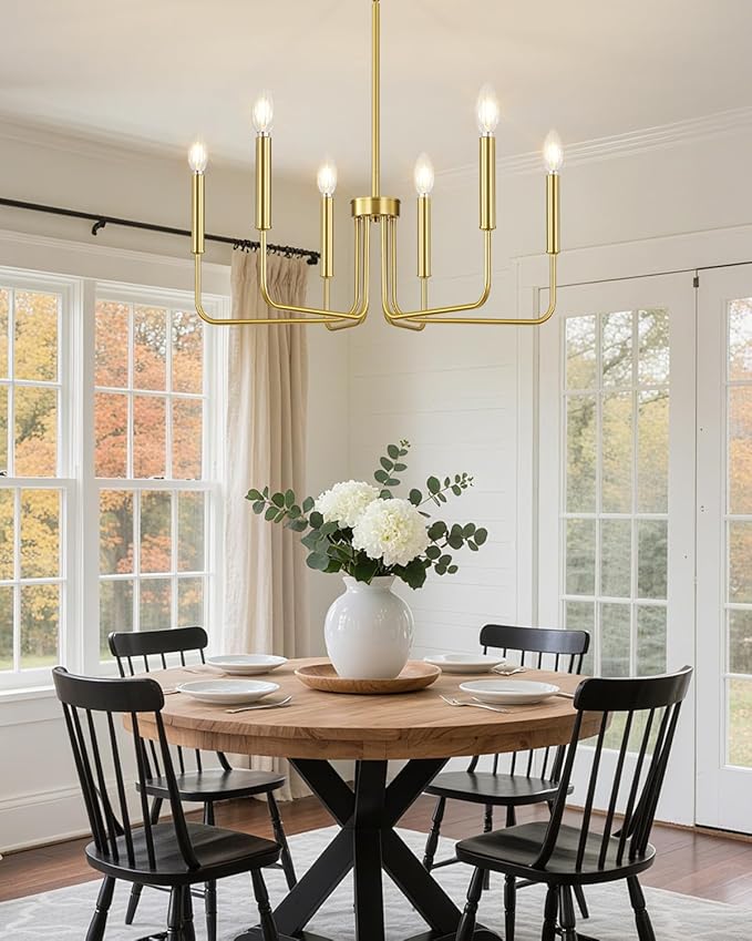 Yunnix Gold Chandelier 6-Light Modern Vintage Candle Pendant Light Fixture in Brass for Dining Room, Kitchen Island, Bedroom and Foyer Lighting (Bulb Not Included)