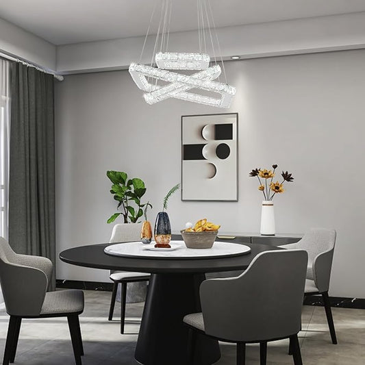 Modern Crystal Chandelier LED Ceiling Light, Square 3-Ring Height Adjustable 47W K9 Crystal Pendant for Dining Room, Living Room, Bedroom, Foyer, Cool White 6000K