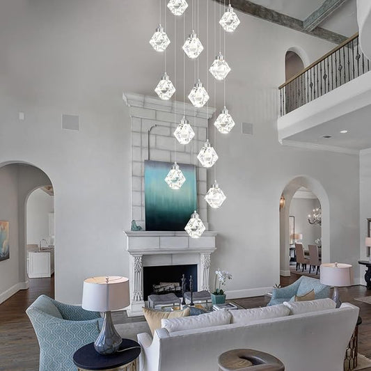 H138 High Ceiling Crystal Chandelier, 14-Light Chrome Pendant Light Fixture, Luxury Raindrop Chandelier for Foyer, Staircase, Villa, Entryway, Modern Large Crystal Lighting for Living Room