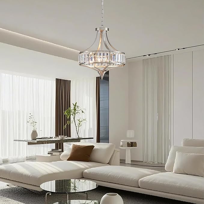 Crystal Chandeliers for Dining Room Rustic Farmhouse Pendant Round 4-Light Brushed Nickel Lighting Fixture for Dining Room Kitchen Island Hallway Bedroom Home Office