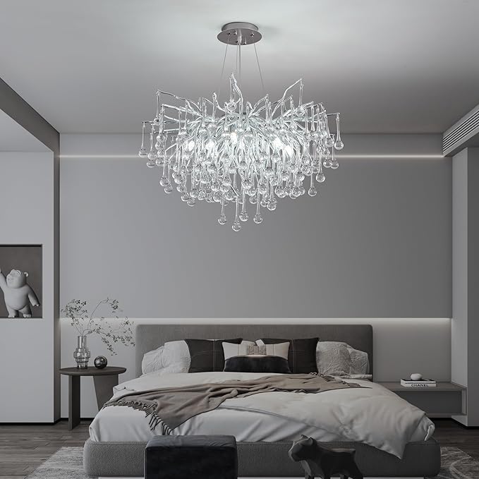 Modern Crystal Raindrop Chandelier, Silver Round Art Deco Tree Branch Lighting Fixture for Dining Room Living Room Foyer 13 Lights D31.5''