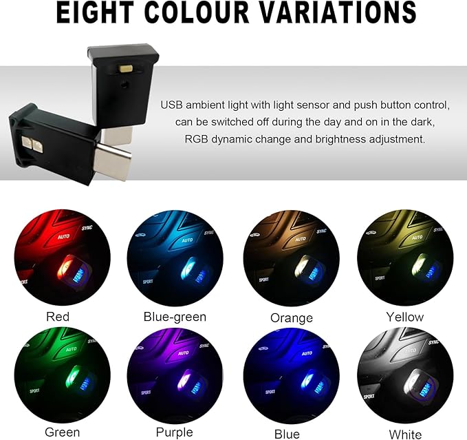 DXNQ 2PCS USB Type C LED Ambient Light, 8 Colors RGB Dynamic Atmosphere Lamp Car Interior Decor USB Night Light, Adjustable Bright Plug-in Mini Ambient Lighting Kit for Car Laptop