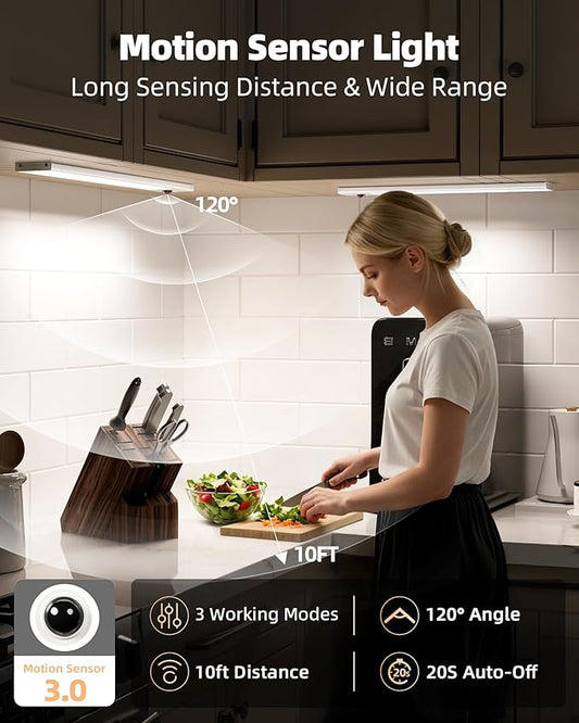 EZVALO 12-inch Under Cabinet Lighting Wireless with Battery Indicator, 2500mAh Rechargeable Motion Sensor Light Indoor, 96 LED Under Counter Lights for Kitchen Closet, 3 Color Temps, Dimmable, 6 Pack