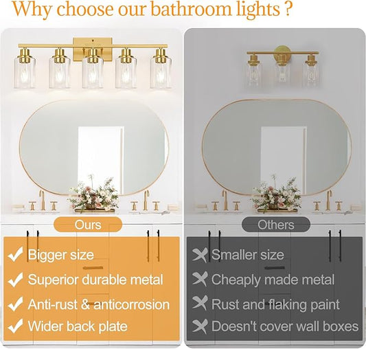 Indoi 5-Light Bathroom Vanity Light with Clear Glass Shades, Brushed Gold Bathroom Light Fixtures Over Mirror, Modern Vanity Light for Mirror Living Room Cabinet Bedroom Porch