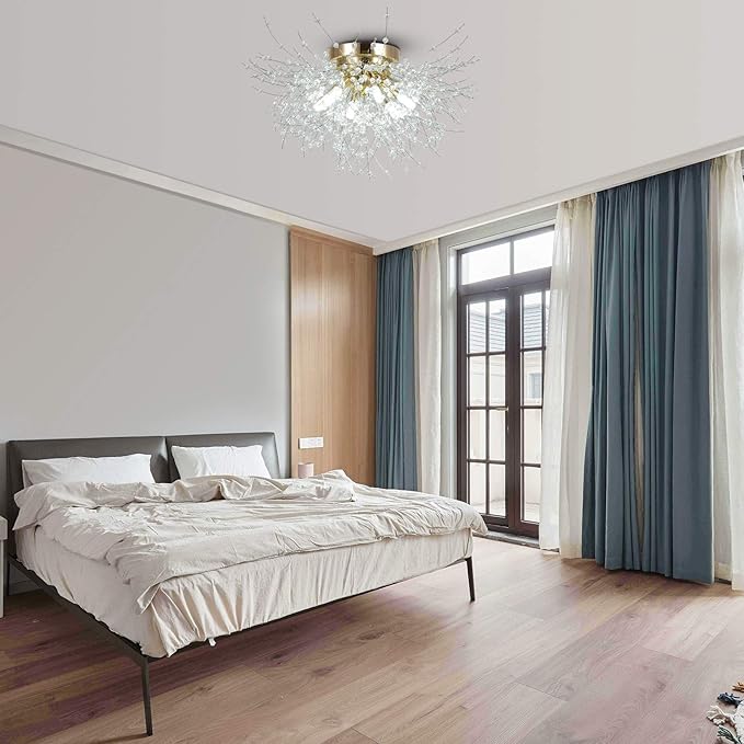 HMVPL Flush Mount Ceiling Lights, Modern Gold Crystal Sputnik Firework Close to Ceiling Lamp LED Ceiling Lighting Fixtures for Bedroom Kitchen Island Hallway Entryway Porch Gazebo