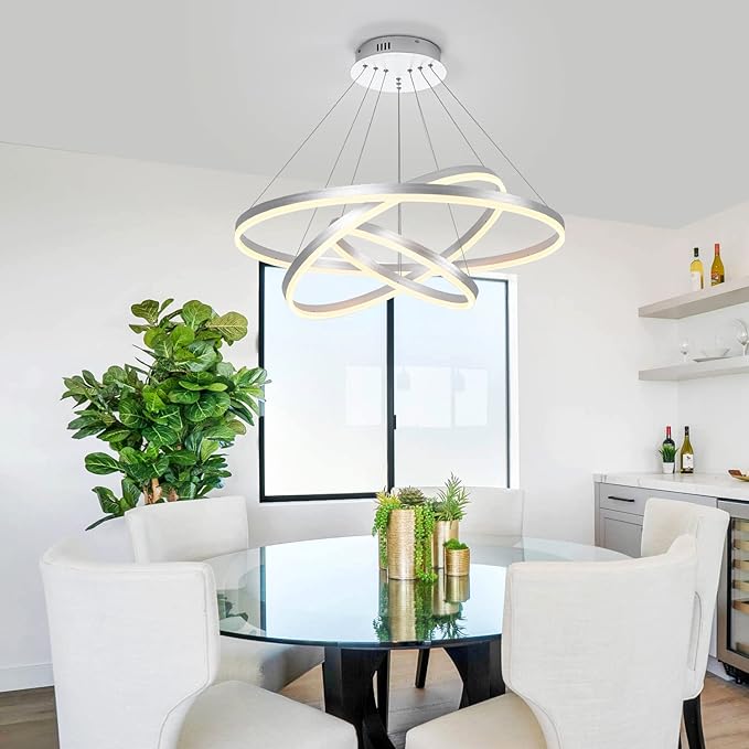 3-Rings D31.5’’ Modern LED Chandelier Silver, Dimmable Pendant Lighting with Remote Control Circular Flush Mount High Ceiling Light for Living Dining Room Bedroom Foyer, 3000K-6500K