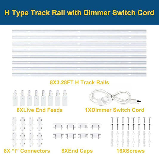8PCS White H Type Track Lighting Rails Kit, 120V Single Circuit 3-Wire H Track Rail 26FT with Extra 8 I Connectors and Wall Anchors, Made of Aluminum and Strength Guarantee