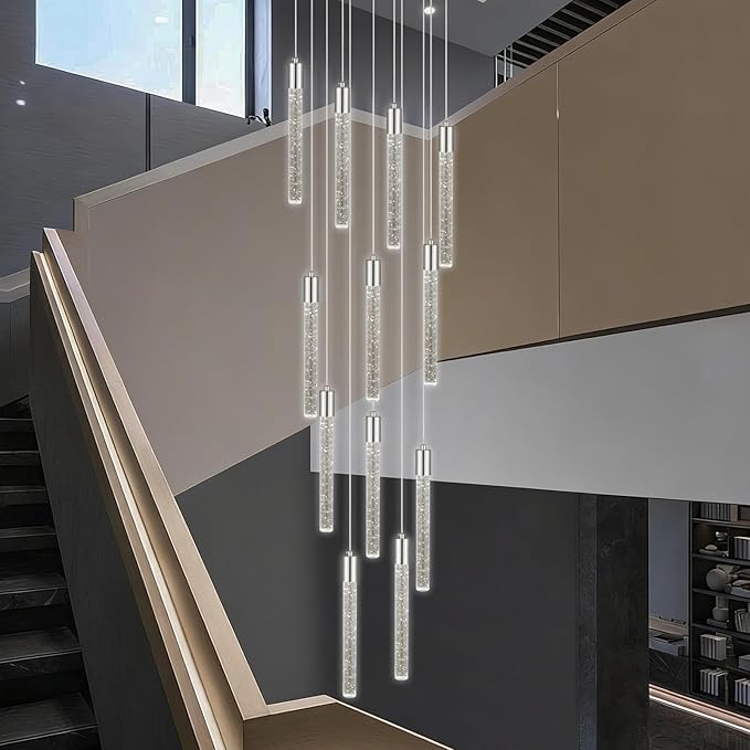 12-Light Chrome Bubble Crystal Chandelier, Cool White Spiral Staircase Pendant for High Ceilings Sloped Ceiling Compatible Canopy Adjustable Hanging Height Hardwired Foyer Entryway