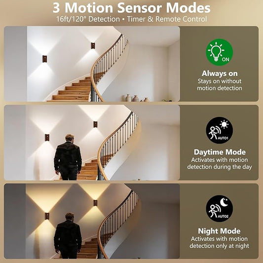 Motion Sensor Wireless Wall Sconce 2Pcs - Rechargeable Magnetic No-Drill, 3 Color Temp Dimmable Wireless Wall Light with Remote&Timer, Step Lights Indoor for Stair Bedroom Closet Hallway, Wood