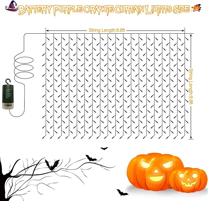 Purple Orange Curtain Lights Battery Operated Halloween 300 LED Hanging Curtain Lights with Remote 8 Modes Timer for Wedding Halloween Party Decór (9.8ft×9.8ft)