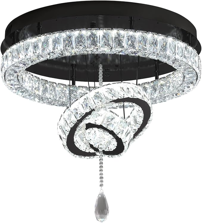 Flashing God Modern Crystal Chandelier Bedroom Chandeliers Flush Mount Ceiling Chandelier Light Fixture for Dining Room Entrance LED Dimmable Black Ring Chandeliers