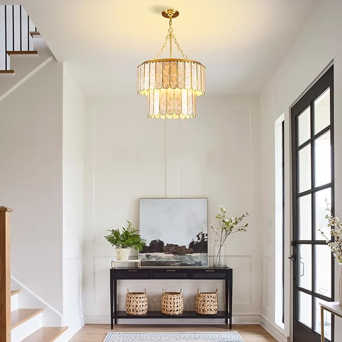 Capiz Shell Chandelier H66.2'' x D20.5'', Natural Ceiling Light Fixtures Coastal Chandeliers for Living Room Bedroom Office(More Additional Shell Parts Included) Gold