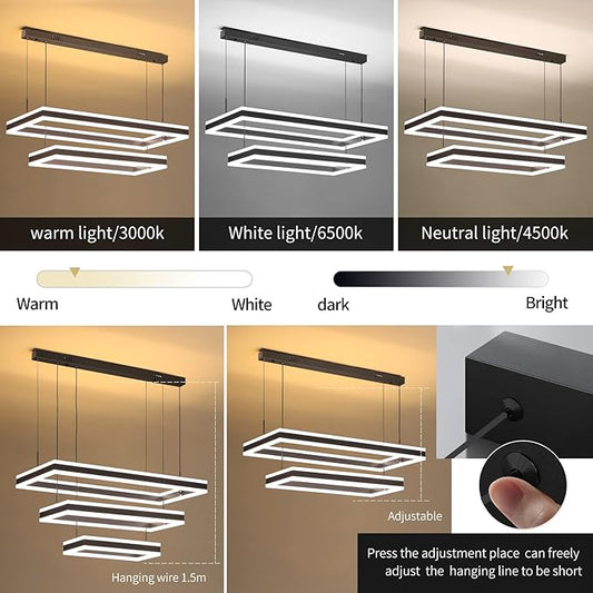 Modern LED Chandelier, Double Rectangles Ceiling Pendant Lights, LED Island Lights Dimmable Chandeliers for Dining Room Living Room Bedrooms, Black (40CM/60CM)