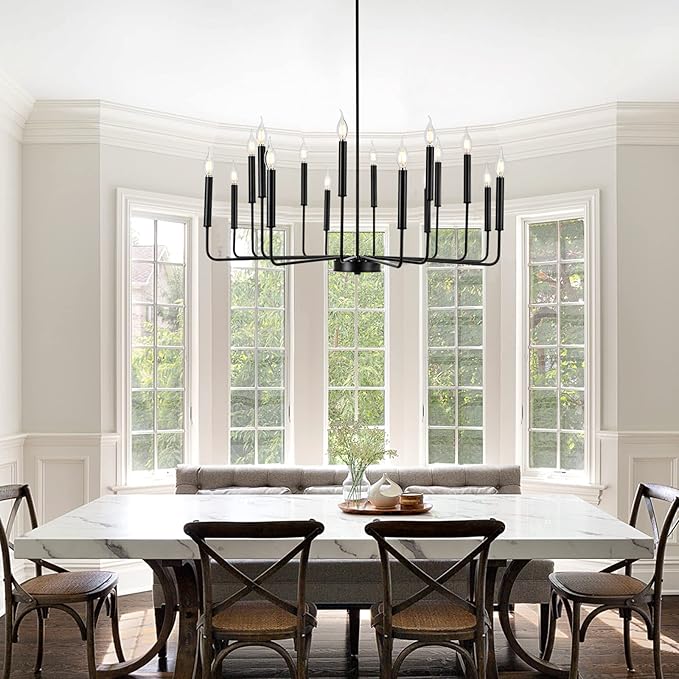 WOKNOS Modern Black Farmhouse Chandeliers, 16-Light Industrial Metal Chandelier Lighting, Classic Candle Hanging Pendant Light Fixtures for Kitchen Island, Living Room, Dining Room, Stair