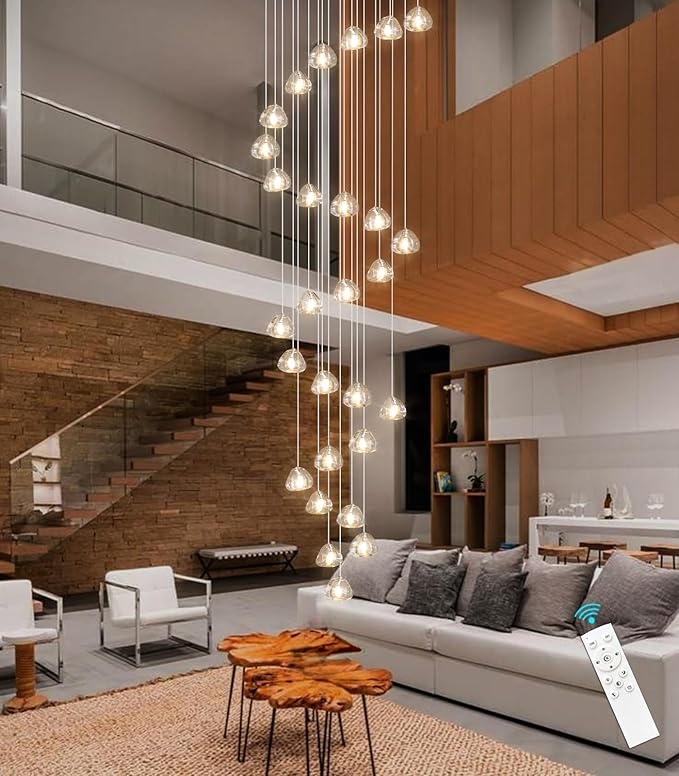 HAIXIANG 13ft Modern LED Chandeliers for Entryway Living Room Long Light High Ceiling Dining Room Light Dimmable Pendant Lighting Fixtures Chandelier for Foyer Staircase Polished Chrome