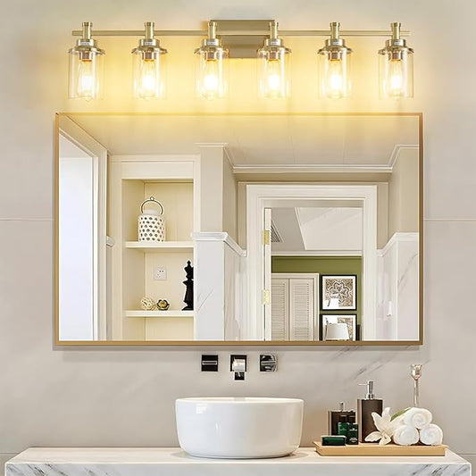 Brushed Brass 6-Light Vanity Light Fixtures with Clear Glass Shades Over Mirror for Bathroom, Living Room, Hallway