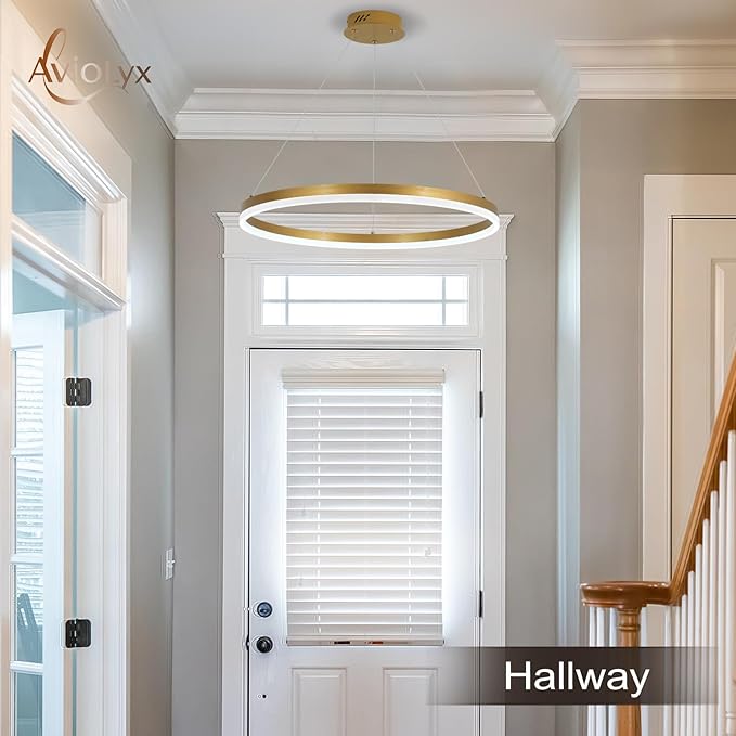 Modern LED Chandelier Gold High Ceiling Ring Chandeliers with Remote Control Circular Pendant Light Dimmable for Dining Room Living Room Bedroom Hallway Kitchen Island(3000K-6500K D23.6)