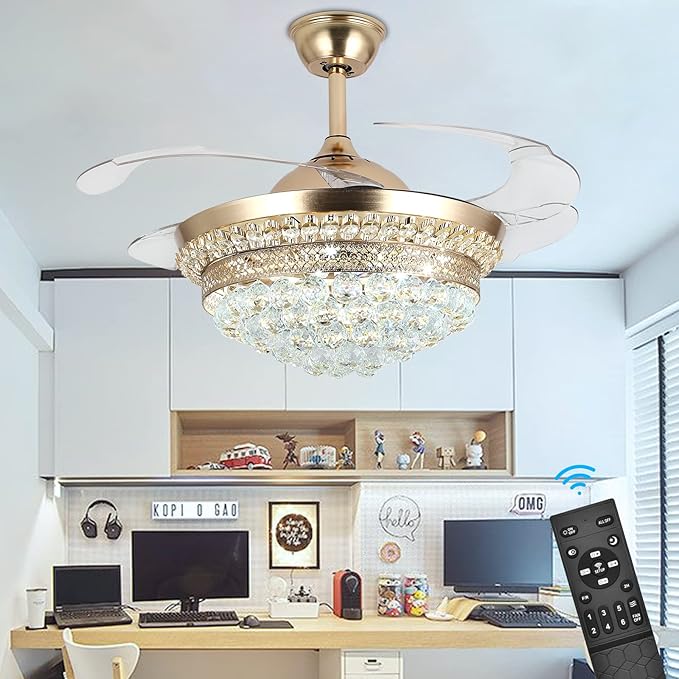 42" Invisible Ceiling Fan Chandelier with Light,Modern Crystal Ceiling Fan Light Remote Control 4 Retractable ABS Blades for Bedroom Living Dining Room Decoration (Golden)