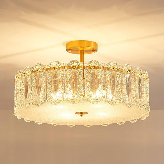 AGV LIGHTING Flush Mount Chandelier Light Fixture, Modern Gold Chandelier, D20 x H10, E12 Base 4-Lights, Glass Shade & Brass Finish