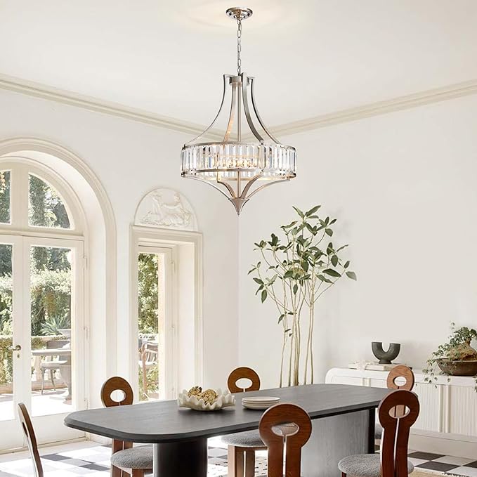 Modern Crystal Chandelier Brushed Nickel, 6-Light Round Pendant Lighting Fixtures, 21.6" Height Adjustable Ceiling Light for Living Room, Kitchen, Dining Room