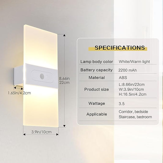 Rechargeable Wall Sconces Set Of Two Battery Operated,Magnetic Motion Sensor night Lights Indoor ,Battery Operated White Shell Warm White LED Dimmable Wall lights for living room,Hallway,Stair