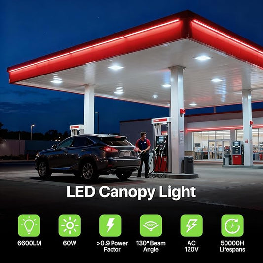 Glitgate LED Canopy Light Outdoor - 60W/45W/30W Adjustable Commercial Canopy Lights, 3CCT Selectable 3000K/4000K/5000K, 110/120V IP65 Waterproof Ceiling Mount Light for Garage, Carport, Gas Station