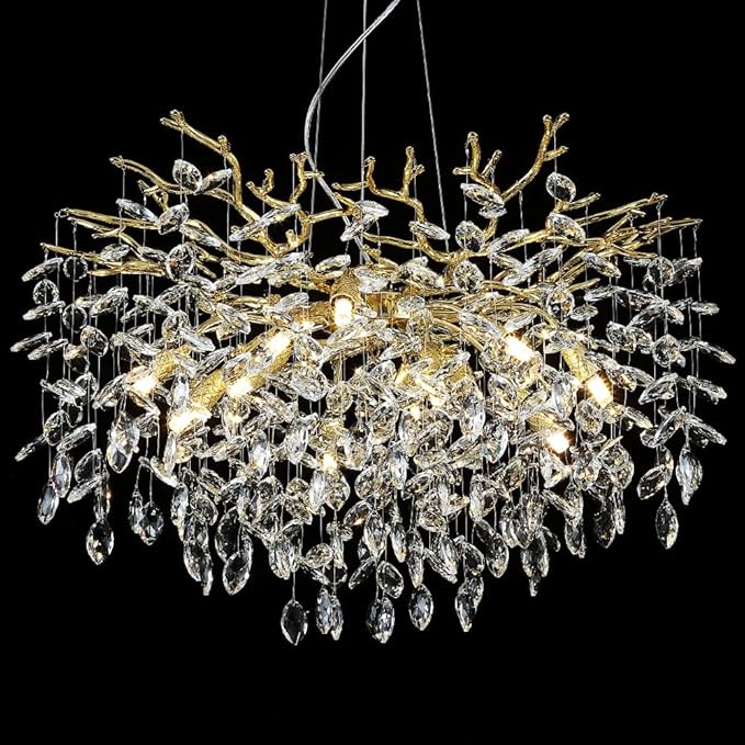 Modern Crystal Tree Branches Chandelier, 30in Gold 10 Lights Large Ceiling Hanging Light for Dining Room, Round Raindrop Pendant Light Fixture