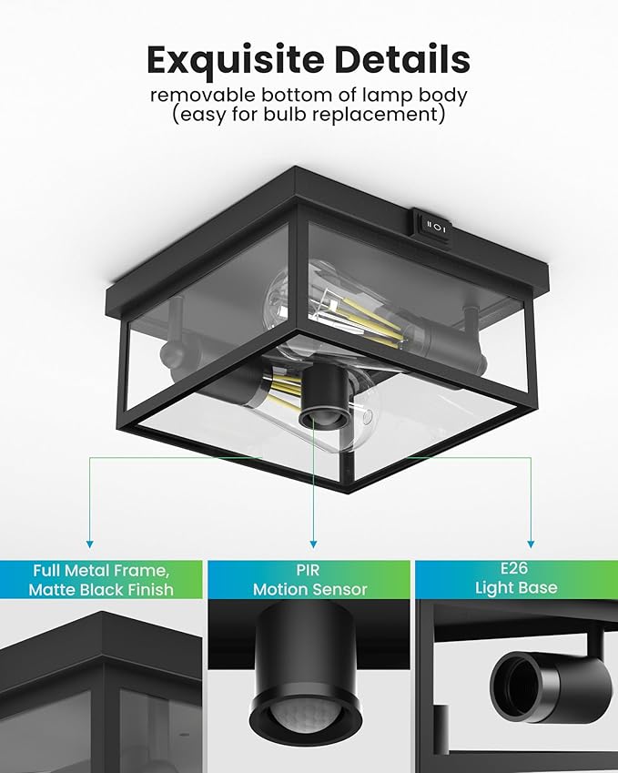 Outdoor Ceiling Light with Motion Sensor, Flush Mount Porch Light, Exterior Light Fixture with Clear Glass, Dusk to Dawn 2-Light Fixture for Patio,Porch (10.5in 2Pack)