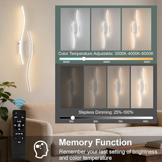 Modern LED Wall Sconce Set of Two, Dimmable Battery Powered Wall Sconces, 3000K-6500K LED Wireless Wall Light with Remote, Wall Lamp Indoor not Hardwired for Room Bedroom Corridor(White)