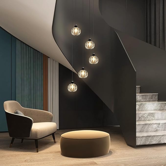 Weesalife Crystal Chandeliers for Dining Room Lights Fixture Over Table, 5-Light Black Modern Pendant Light Fixture,Crystal Chandeliers for Living Room Kitchen Island Staircases Foyer Hallway Bar