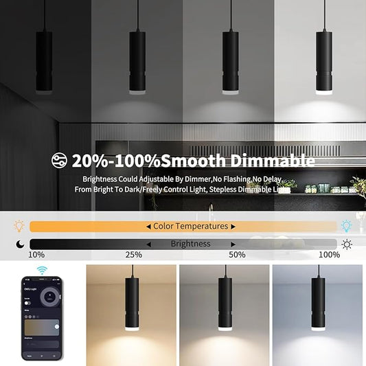 OKELI Pendant Light Smart, Modern Black Pendant Lights Fixture, Dimmable Unique LED Pendant Lighting for Kitchen Island,20W,2700-6000K, ETL(1Pack)