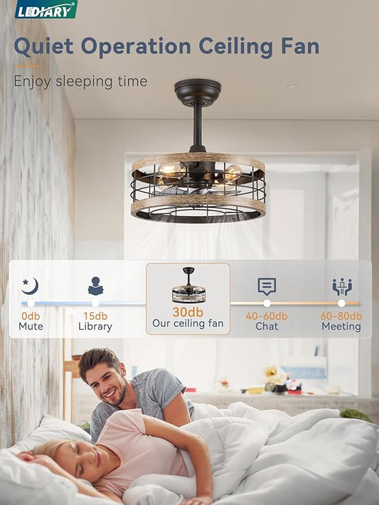 LEDIARY 16.5in Caged Ceiling Fan with Light, Fandelier Industrial Ceiling Fan with Remote, Rustic Metal Fan Lights Ceiling Fixtures for Kitchen, Farmhouse, Bedroom(6 Speed,1/2/4/8h Timing)-Brown
