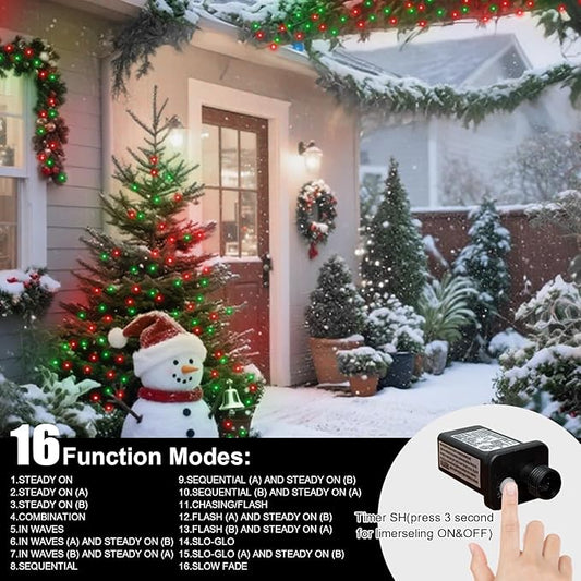 LAMPHOME 99ft Christmas Decorative Mini Lights, 300 LED Transparent Wire Fairy Starry String Light Plug in, 16Lighting Modes for Indoor Outdoor Xmas Tree Wedding Party Decoration (Red and Green)