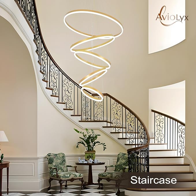 5 Rings Modern LED Chandelier Gold Large High Ceiling Chandeliers with Remote Control Contemporary Pendant Light Dimmable for Staircase Entryway Living Room Foyer Villa(3000K-6500K D31.5)