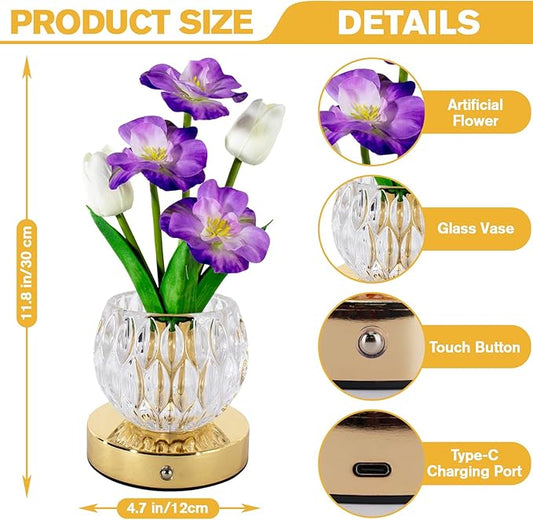 Flower Table Lamp, 3 Colors Tulip Night Light, Cordless Touch Dimming Flower with Vase Lamp, LED Desktop Decorative Landscape Lights for Festival Party Home Decor (Purple-Sakura)