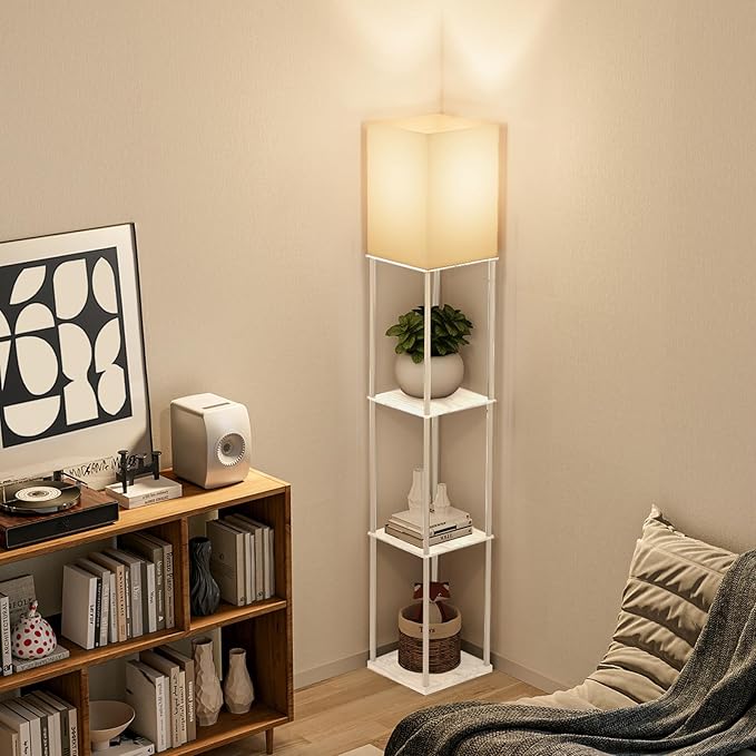 Gupuzm Floor Lamp with Shelves, Modern Square Standing Lamp with 3 Color Temperature Bulb, Corner Display Bookshelf Lamp for Living Room, Bedroom and Office(White)
