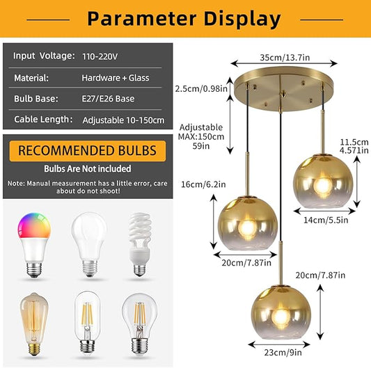 Mikeru Modern Gold Glass Chandelier, 3 Light Cluster Pendant Light Fixtures Kitchen Island Lighting Kitchen Island Pendant Lighting Hanging Lights Multi Light Large Pendant Lighting(Without Bulb)