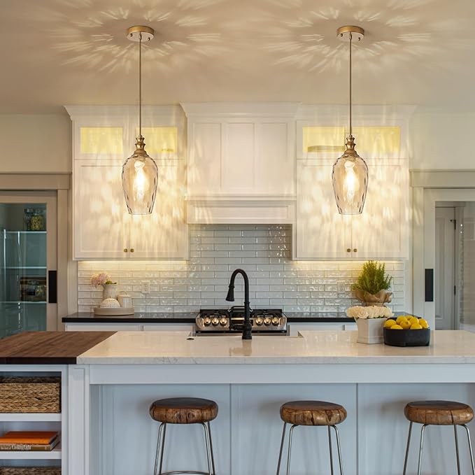 Pendant Lights Kitchen Island, Brushed Gold Modern Pendant Light Fixtures, Adjustable Cable Hanging Lighting with Hand-Blown Glass Shade & E26 Base for Bedroom, Hallway, Dining Room, 2 Pack