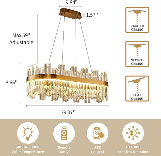 Gold Modern Crystal Led Chandelier: 39.3" Dimmable K9 Crystals Chandeliers over Table - Golden Luxury Glass Rectangle Chandelier - Height Adjustable Chandeliers with Remote for Dining Room Living Room