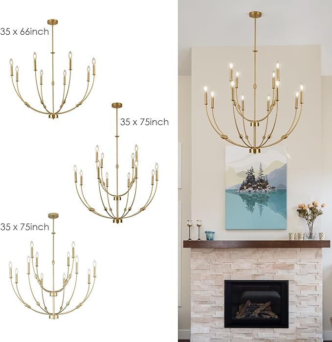 Modern Gold Chandelier, 12- Light Large Chandelier for High Ceilings, 35 inch 2-Tier Candle Style Rustic Hanging Light Fixture for Living Room Foyer Entryway