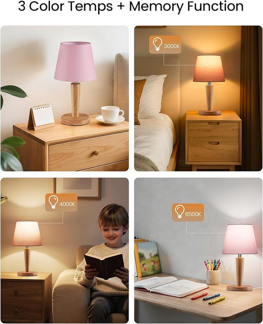 12" Wood Bedside Table Lamps Set of 2, Small Desk Lamps for Small Places, 3 Color Temperatures with Memory, Pink Linen Shade & E26 Bulbs, for Bedroom Living Room Office MP13TLP205