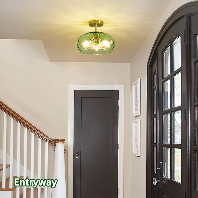 Luafac Green Glass Flush Mount Ceiling Light - 12 Inch Hammered Glass Hallway Light fixtures Ceiling, Vintage Gold Semi Flush Mount Ceiling Light,Mid Century Light Fixture for Bedroom Entryway Kitchen
