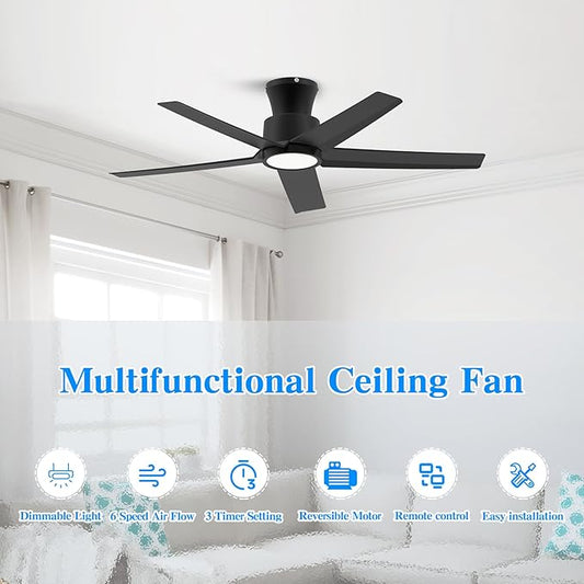 ocioc 44 Inch Ceiling Fans with Lights, Large Air Volume Ceiling Fan with Nightlight, Ultra Quiet Reversible DC Motor with Remote(Black)