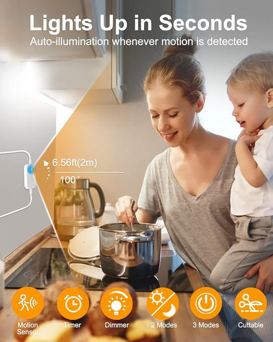 Motion Sensor LED Strip Light - Cabinet Strip Lights with 24W Plug, Dimmer, and Timing, 9.84ft for Under Cabinet, Kitchen, 6000K ColdWhite